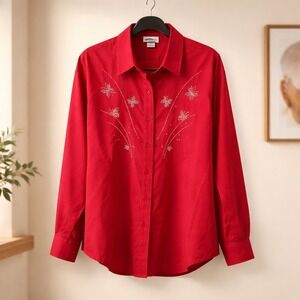 Las Olas Womens 1X Red VTG Rhinestone Butterfly Button Down Long‎ Sleeve Shirt